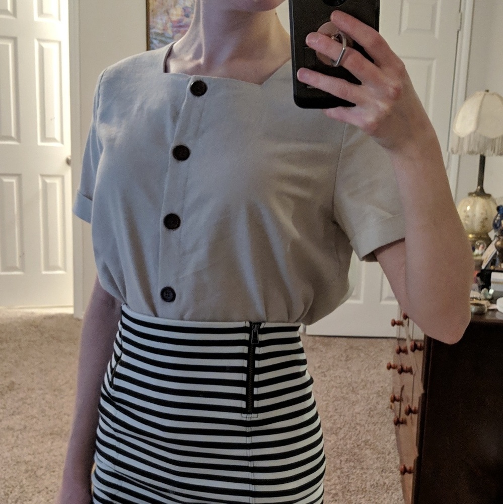 Korean Juno tan square-neck linen blouse